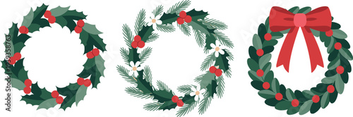 Three festive Christmas wreaths made of holly branches, berries, pine needles, and flowers with a red bow on a white background