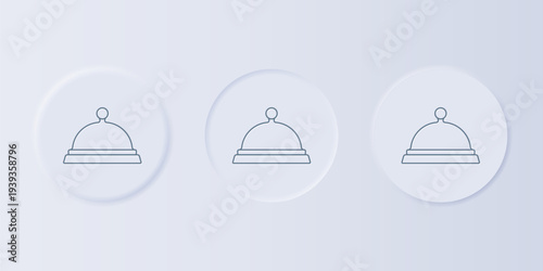 Grey Covered with a tray of food icon isolated on grey background. Tray and lid sign. Restaurant cloche with lid. Set icons in square buttons. Vector