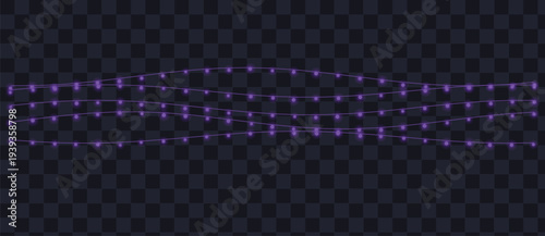 Four strands of brilliant violet fairy lights illuminate a dark transparent checkered background