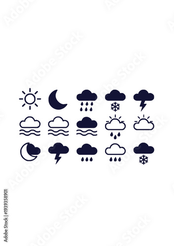Minimal Weather Icons Set with Sun Moon Clouds Rain Snow Lightning and Fog Symbols, Modern Outline Vector Collection Isolated on Transparent Background