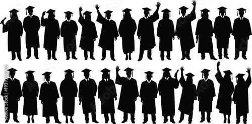 Graduation silhouettes with caps and gowns, academic achievement illustration, education celebration vector art, students celebrating milestone success