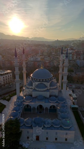 Vertical footage of an aerial drone view of buildings downtown Tirana, Albania