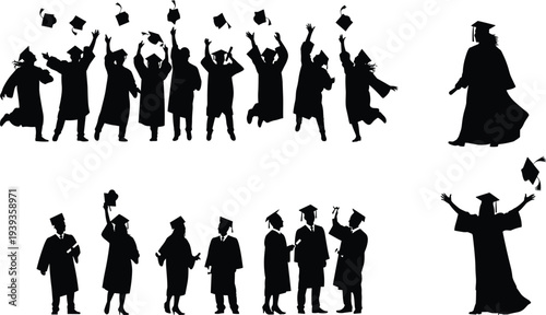 Graduation silhouettes with caps and gowns, vector illustration of academic success, ceremony celebration, education achievement, symbolic artwork design