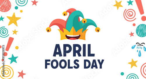 Colorful april fools day graphic with jester hat and festive decorations on white background