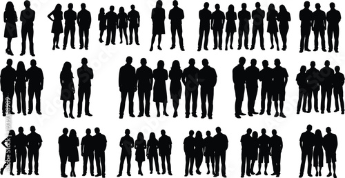 Group silhouettes of people standing together in pairs and larger clusters, vector illustration for community, unity, social interaction, diversity