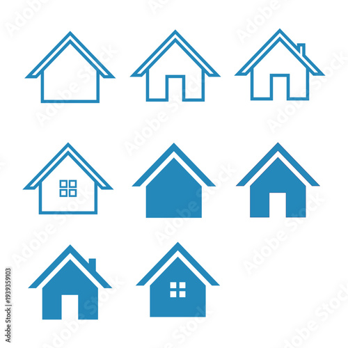 Blue house icon set in flat and outline style. Minimalist real estate, home, and building symbols for web and app interface design. Isolated on white background