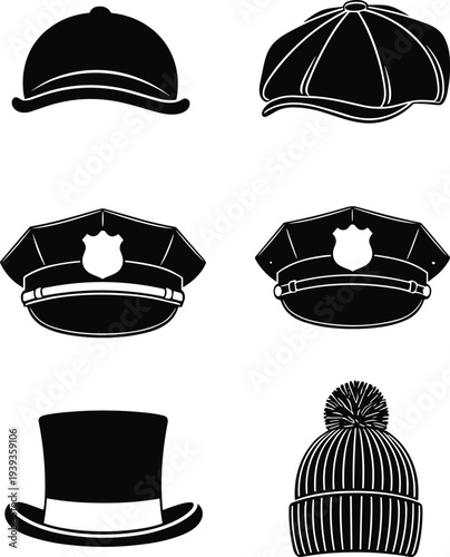 Hat silhouettes featuring bowler, newsboy, police cap, top hat, winter pom-pom, fashion vector illustration of diverse headwear styles