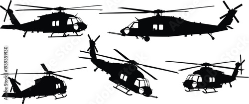 Helicopter silhouettes in multiple angles, aviation vector illustration, military aircraft design art for flight, rotorcraft and defense study