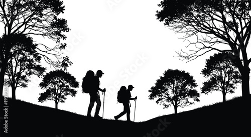 Hiking forest silhouette illustration with two hikers, backpacks, walking sticks, trees, outdoor adventure, exploration, nature, wilderness, travel, trekking, scenic design