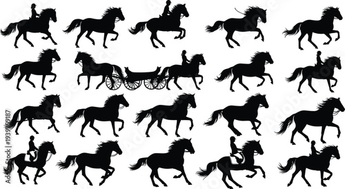 Horse silhouettes with riders in motion and horse-drawn carriage, vector illustration for equestrian, transport, animal strength, tradition, design