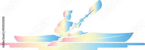 A colorful illustration of a person kayaking on a serene lake with a rainbow effect