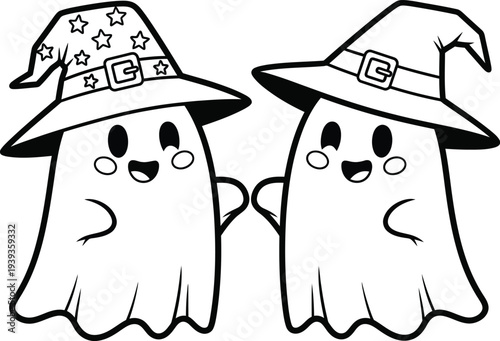 Two friendly ghosts wearing witch hats on halloween