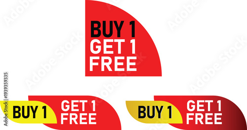 Bold Buy 1 Get 1 Free Corner Ribbon Sticker Set in Red and Yellow, Eye Catching Promotional Sale Label Collection for Retail Discounts, Ecommerce Offers, Store Branding