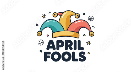 Colorful april fools' day jester hat with text on white background for prank and holiday designs