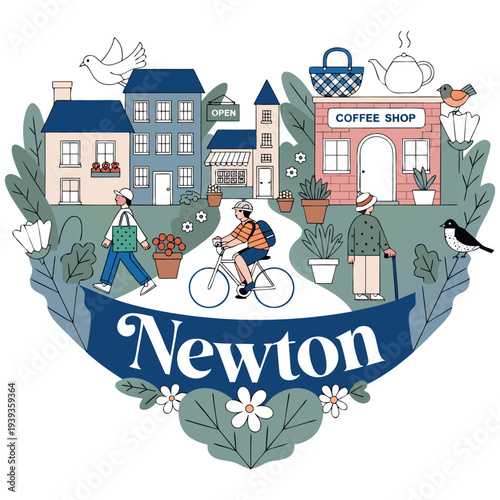 Newton Charming Village Scene with Cyclist Pedestrians and Coffee Shop