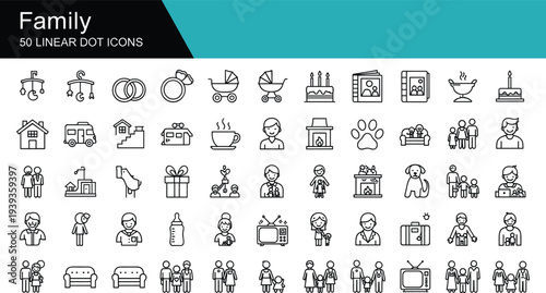 Comprehensive collection of fifty linear dot icons representing family life, including parents, children, home activities, pets, celebrations, and daily household objects. (22 words)