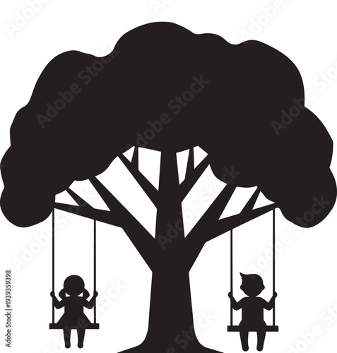 Silhouette of children playing on swings under a tree