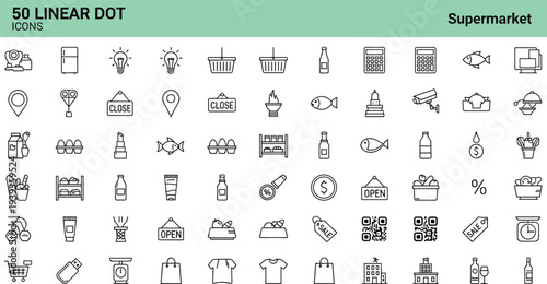 Comprehensive collection of fifty linear dot icons for supermarket and retail industries featuring shopping baskets, grocery items, price tags, and store equipment.