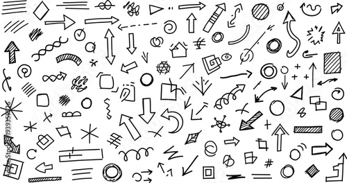 A collection of various black and white line drawing symbols and arrows on a white background for design and graphic use