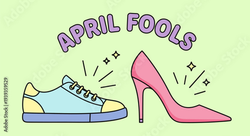 Colorful april fools illustration of mismatched shoe prank with sneaker and high heel on green background