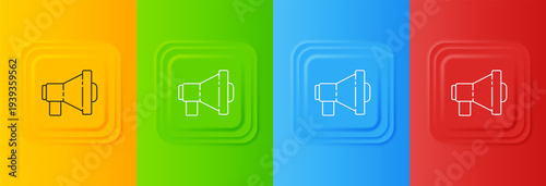 White Megaphone icon isolated on colorful background. Loud speach alert concept. Bullhorn for Mouthpiece scream promotion. Set icons in square buttons. Vector
