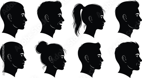 Human head silhouettes with diverse hairstyles, male and female profiles showing variety in haircuts, vector illustration design