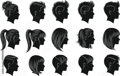 Human head silhouettes with diverse hairstyles, men and women profiles showing variety of haircuts, fashion vector illustration design