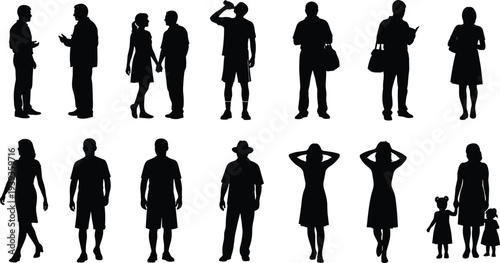 Human silhouettes in everyday activities, walking, reading, drinking, carrying bags, interacting with children, lifestyle poses, vector illustration