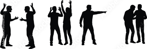 Human silhouettes in expressive interactions, arguing, pointing, whispering, distressed gestures, animated communication, emotional body language, vector illustration design