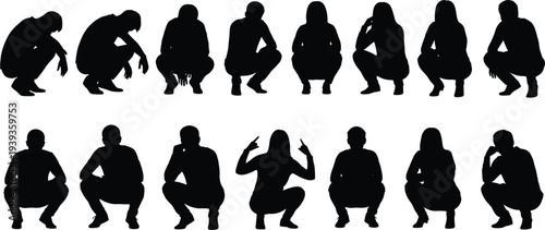 Human silhouettes in squatting postures, vector illustration of body language, gesture variation, movement study, design reference, symbolic artwork