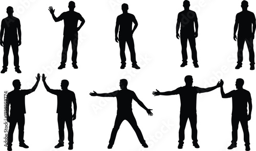 Human silhouettes in standing poses, expressive gestures vector illustration, body language graphic, posture recognition design, communication art silhouettes