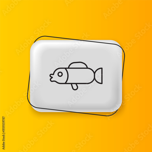 Black Puffer fish icon isolated on yellow background. Fugu fish japanese puffer fish. Silver rectangle button. Vector