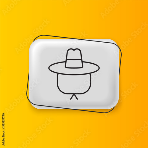 Black Camping hat icon isolated on yellow background. Beach hat panama. Explorer travelers hat for hunting, hiking, tourism. Silver rectangle button. Vector
