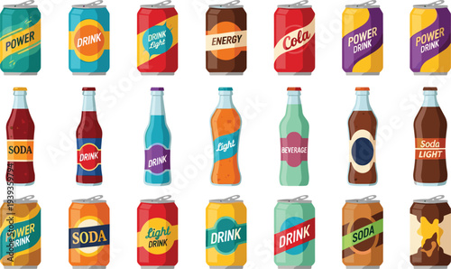 Colorful vector collection of assorted soda cans and glass bottles featuring vibrant labels for energy drinks, cola, and carbonated beverages in a flat design style.