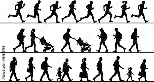 Human silhouettes, running figures, walking strollers, family pedestrian scenes, everyday movement, urban lifestyle, social interaction vector illustration artwork