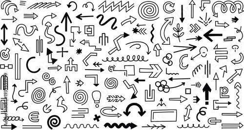 A collection of various hand drawn arrows and symbols on a white background for design and illustration purposes