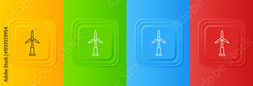 White Wind turbine icon isolated on colorful background. Wind generator sign. Windmill for electric power production. Set icons in square buttons. Vector