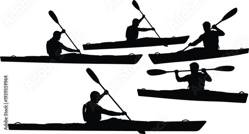 Kayaking silhouettes showing paddlers with double blades in motion, dynamic water sport vector illustration for adventure, fitness, outdoor activity, recreation