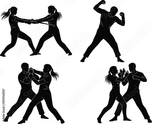 Martial arts silhouettes showing defensive techniques, combat training poses, self defense moves, fighting stances, personal safety illustration, vector design