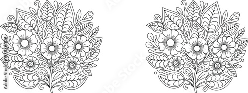 A black and white illustration of two symmetrical floral patterns