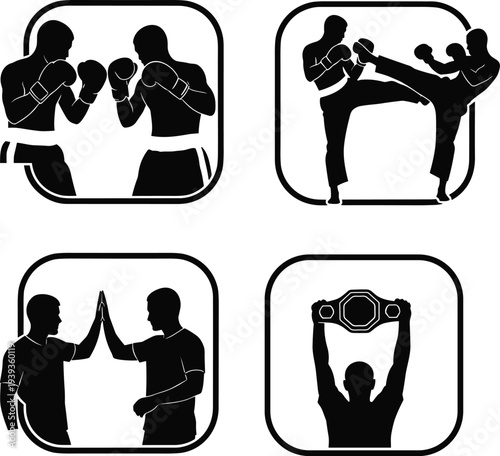 Martial arts silhouettes showing fighters, high kick action, sportsmanship handshake, championship victory belt, combat sports progression illustration