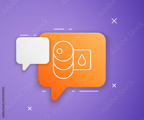 White Barrel oil icon isolated on purple background. Orange speech bubble symbol. Vector