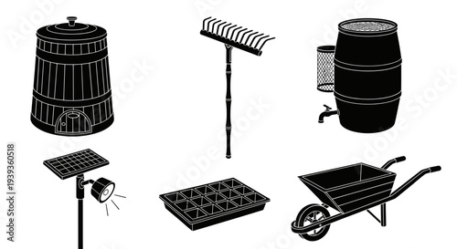 Sustainable gardening and backyard farming tools set with compost bin, rain barrel and solar light vector illustration.