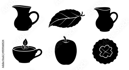 Set of healthy lifestyle and organic food silhouettes with ceramic jugs, tea cup, apple and mint leaf vector illustration.