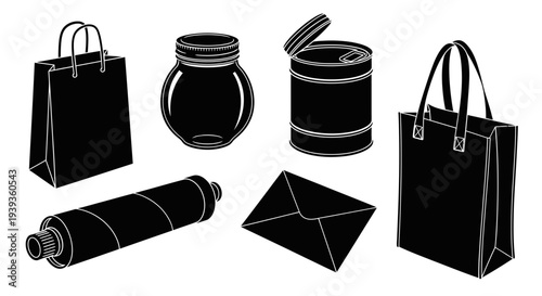 Set of eco friendly packaging and shopping elements with paper bags, glass jar, tin can and envelope silhouettes vector illustration.