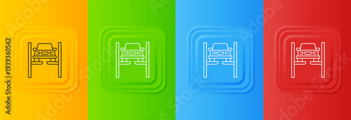 White Repair car on lift icon isolated on colorful background. Repair of the underbody, suspension, wheels and engine. Set icons in square buttons. Vector