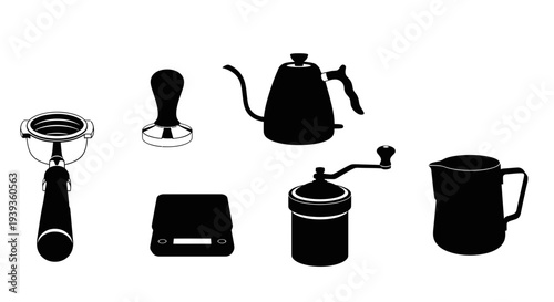 Professional specialty coffee brewing equipment set with portafilter, tamper, gooseneck kettle, scale and grinder vector illustration.