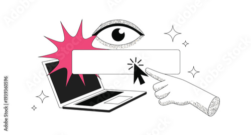 Hand clicking button on laptop with eye and sparkles, representing online interaction