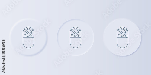 Grey Medicine pill or tablet icon isolated on grey background. Capsule pill and drug sign. Pharmacy design. Set icons in square buttons. Vector