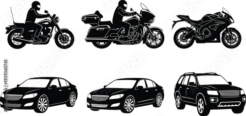 Motorcycle and car silhouettes including cruiser, touring, sport bike, sedan, SUV vector illustration for transport, travel, automotive design